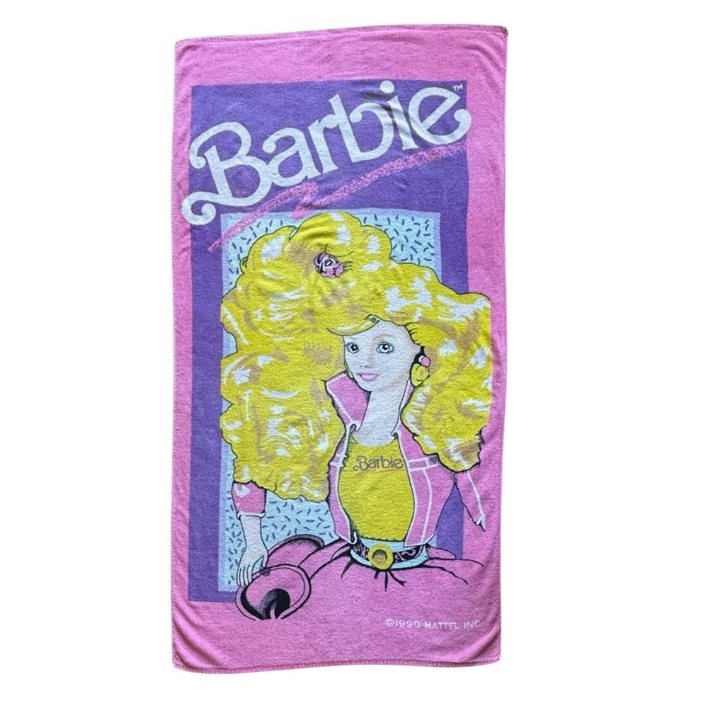 BARBIE Beach Towl Vintage 1990 Mattel Pink Big Blonde Hair 100% Cotton 30" x 57"